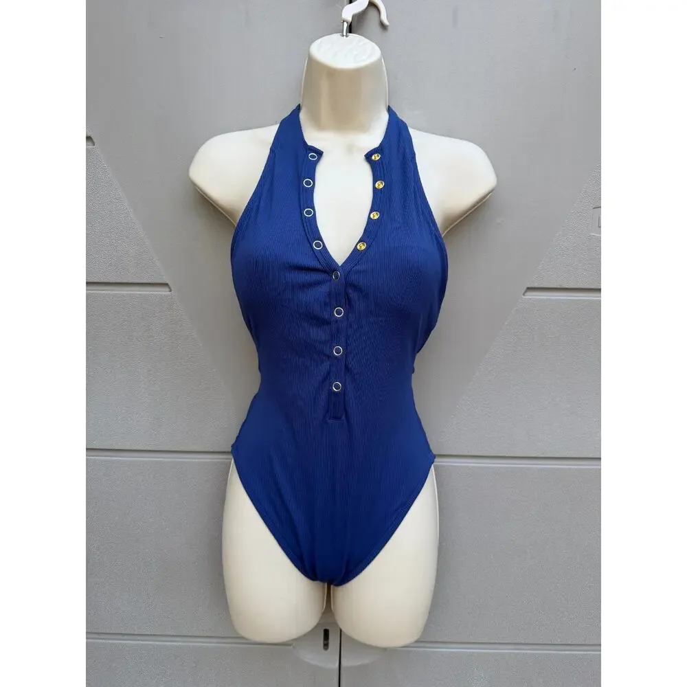 Robin Piccone Amy Blue Halter One Piece Swimsuit Snap Front Open Back Sz 6 Beach